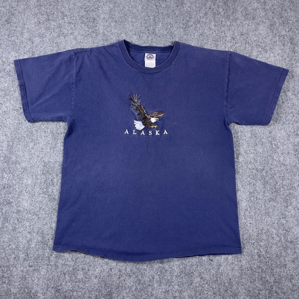 Vintage Alaska Destination T-Shirt Mens Large Blue Embroidered Bald Eagle